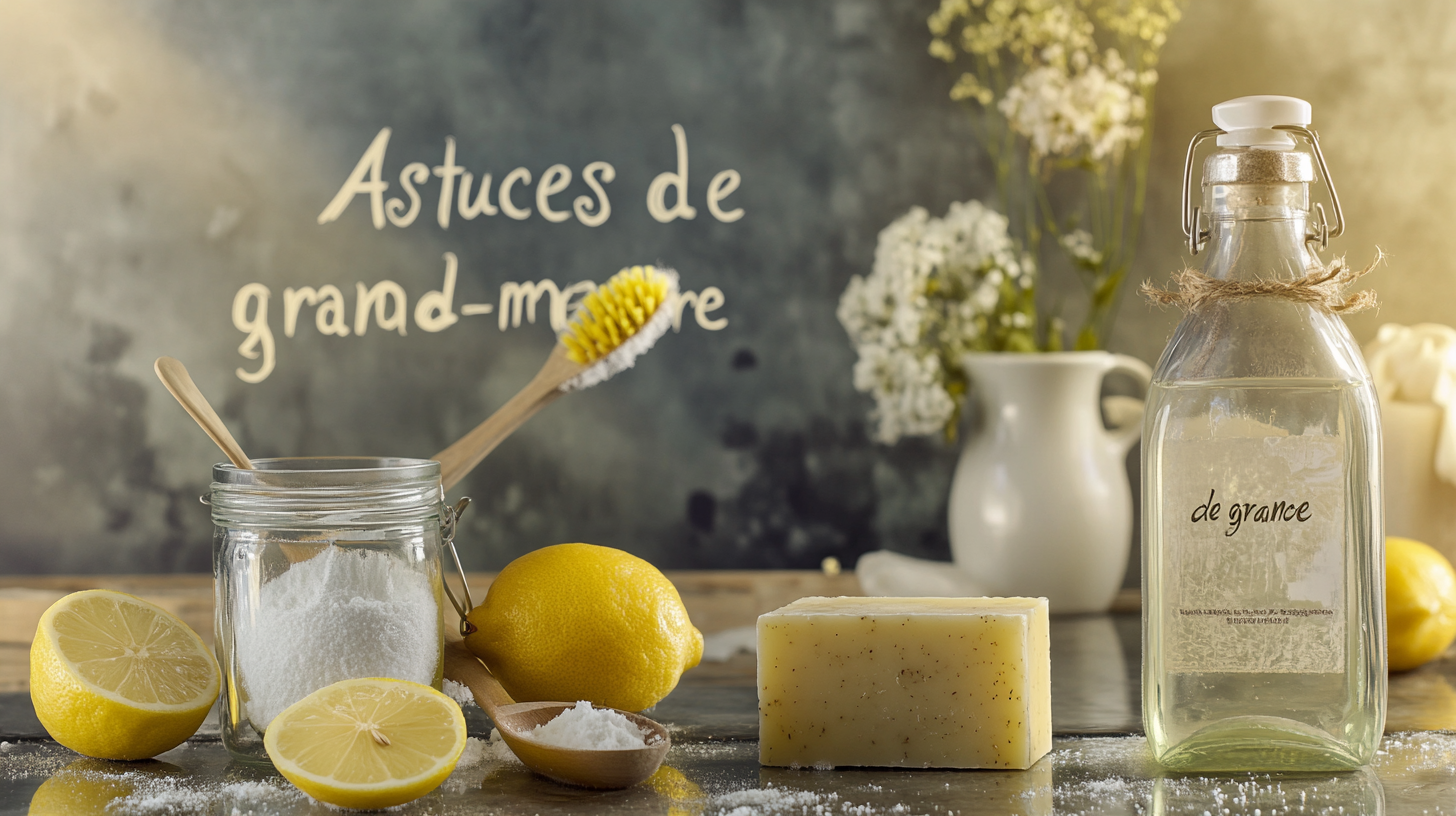 Un collage de produits naturels de nettoyage : citron, bicarbonate, vinaigre blanc et savon de Marseille avec une mise en scène chaleureuse.